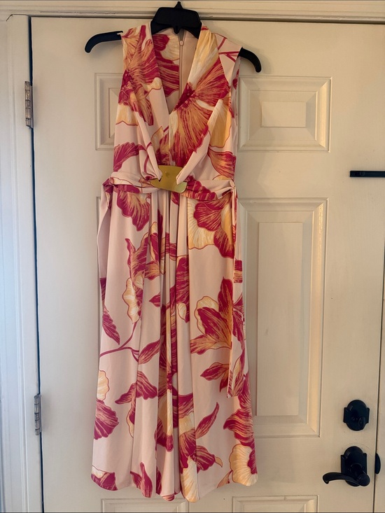 Donna Karan Dresses & Skirts - DONNA KARAN NEW YORK Pink Floral V-Neck MIDI Dress with Yellow Accents